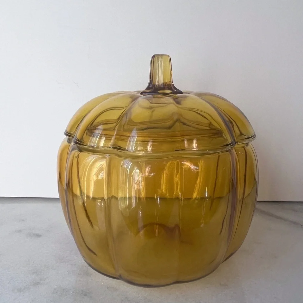 Vintage Anchor Hocking Glass Amber Pumpkin Candy/Cookie Jar Halloween/Fall Decor
